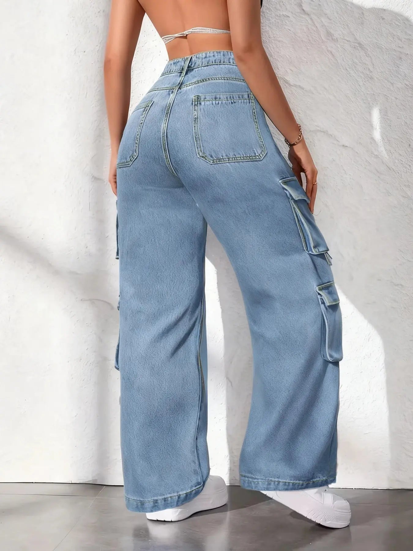 Plus size cargo pants for women, Fashionable multi pocket wide leg jeans, loose high waisted light blue jeans Halalzen UK