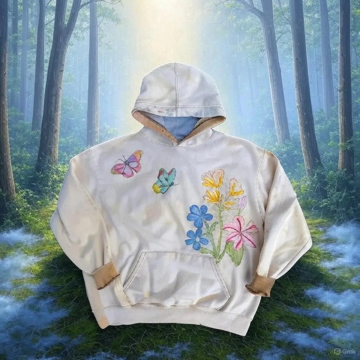 American Retro Y2K Embroider Butterfly Hoodie Women Floral Pullover Hoodie Sweatshirt Casual Fashion Tops Colorful Pattern Coats