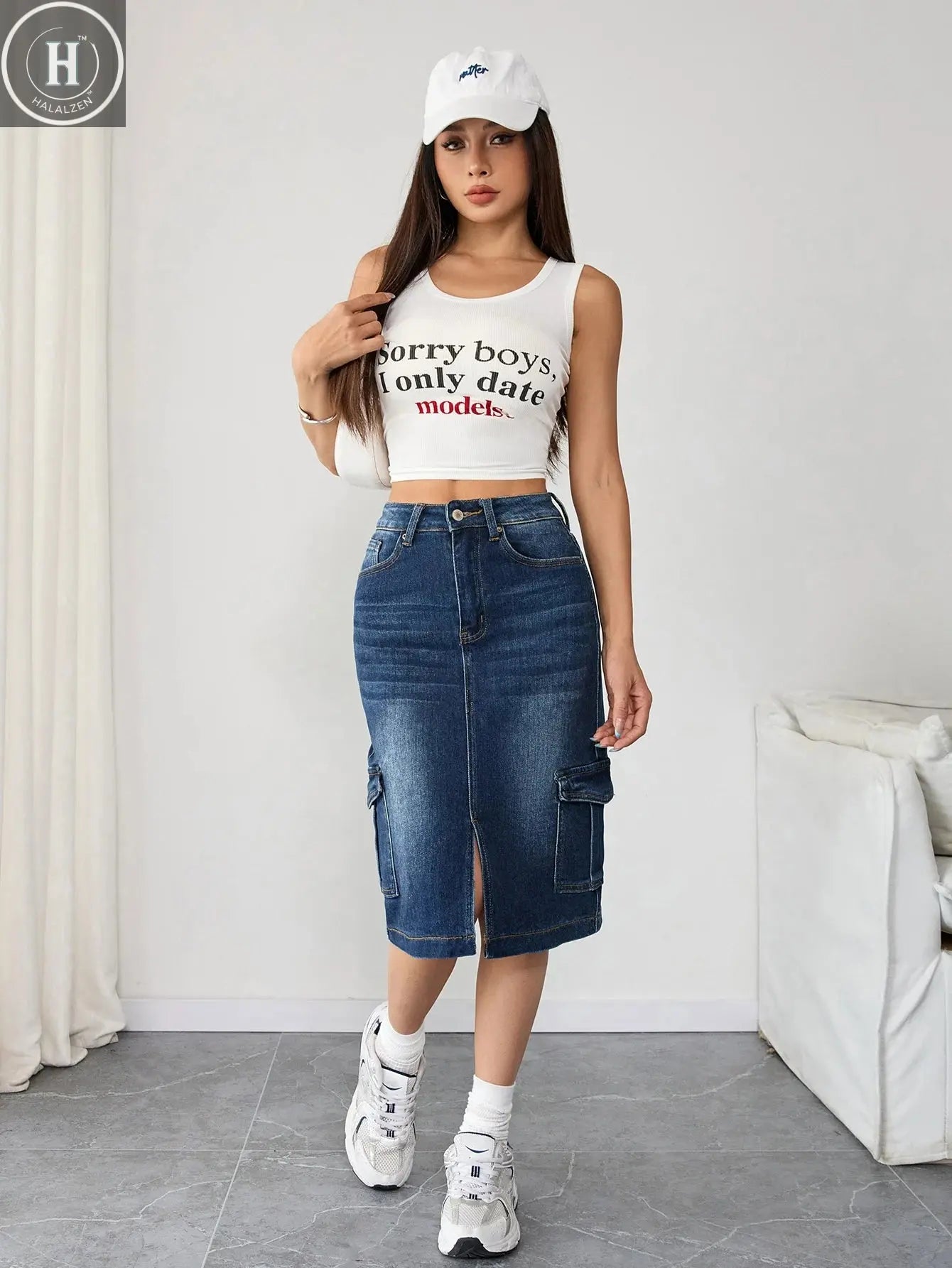 Trendy Plus Size Women's Denim Midi Skirt High Waist Cargo Jeans Pants Stylish Streetwear Halalzen UK