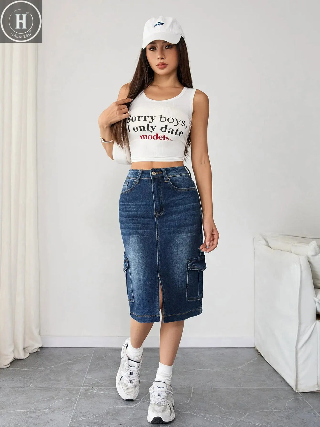Trendy Plus Size Women's Denim Midi Skirt High Waist Cargo Jeans Pants Stylish Streetwear Halalzen UK