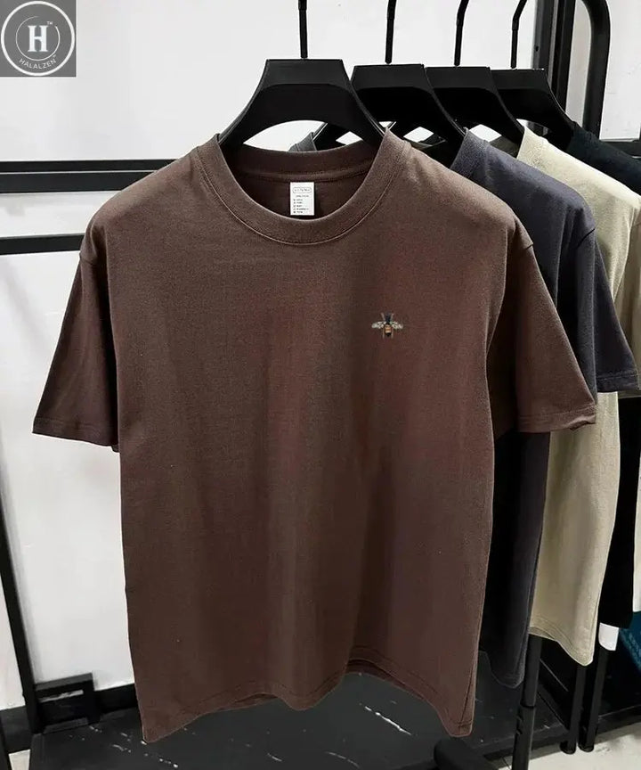 Fashion brand bee embroidery short sleeve T-shirt summer 100% cotton breathable round neck top Korean loose casual men's wear HALALZEN