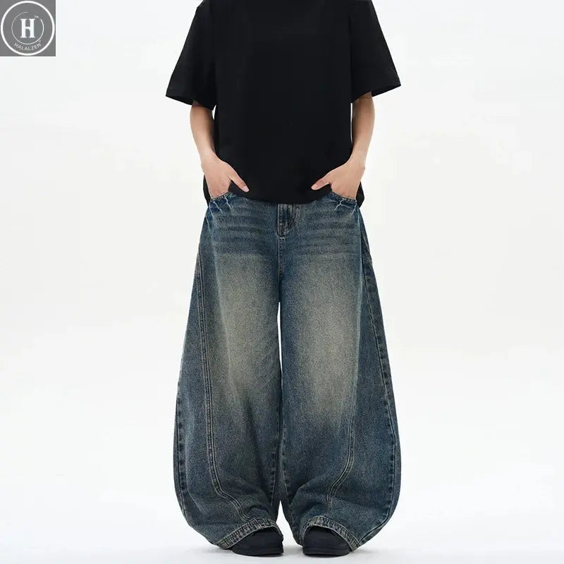 2025 Spring New Men's Jeans Oversized Wide Leg Pants Loose Vintage Patchwork Lightning Cracked Denim Trousers Streetwear Male HALALZEN