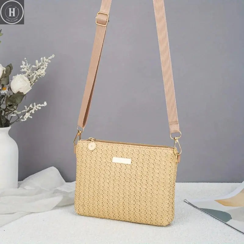 Fresh and simple woven small square bag New simple shoulder bag Fashion vacation style shoulder bag HALALZEN