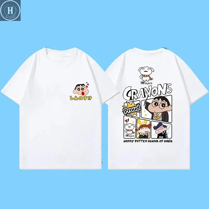Miniso New Summer Cotton Cartoon Crayon Shin-chan Print T-Shirt Unisex Street Style Summer Fashion Casual Crew Neck Cotton Top HALALZEN