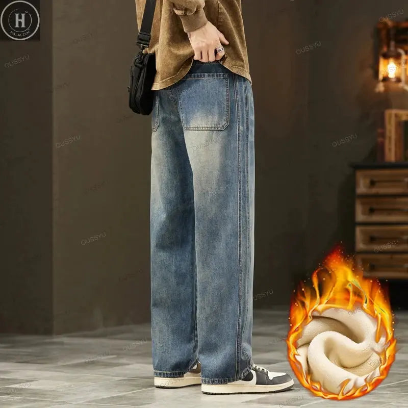 High Quality Winter Fleece Warm Jeans Men Cotton Loose Wide Leg Pants Korean INS Y2K Harajuku Velvet Flocking Outdoors Trousers HALALZEN
