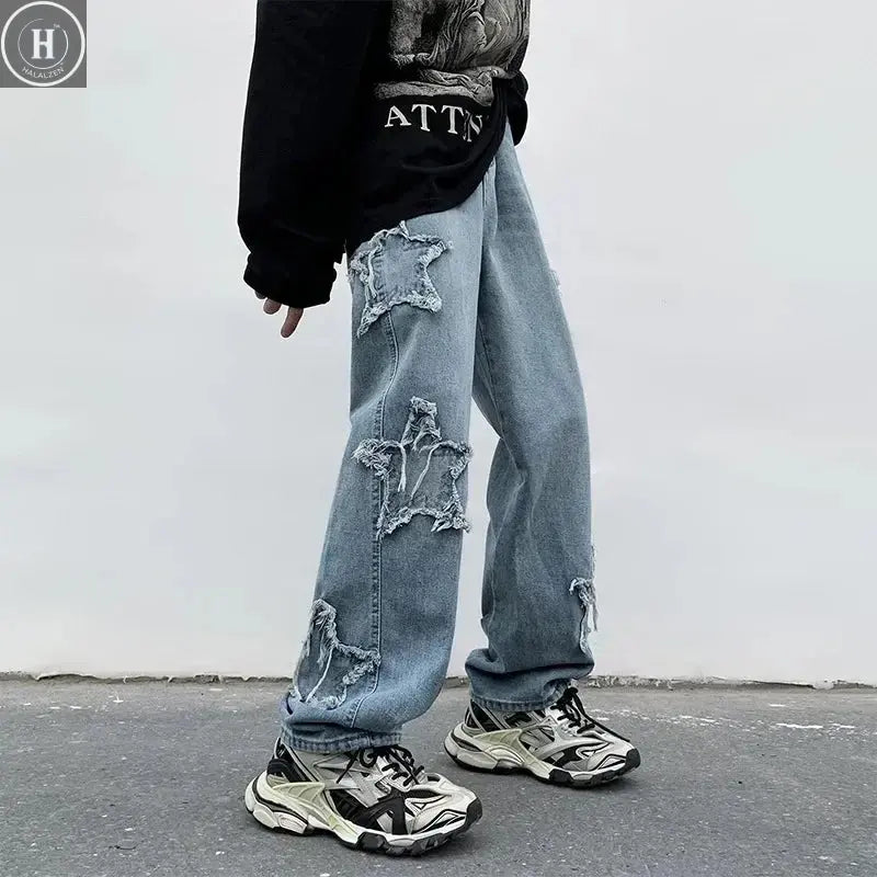2025 New Fashion Stars Towel Embroidery Brown Men Jeans Pants Y2K Clothes Straight Hip Hop Cotton Trousers Pantalon Homme Halalzen UK