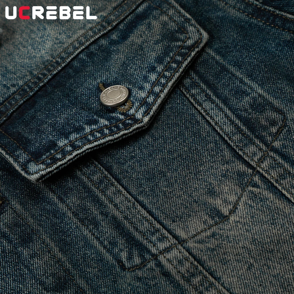 Pocket Spliced Denim Jacket Mens Autumn Winter Retro High Street Washed Distressed Lapel Single Breasted Cowboy Jacket Man