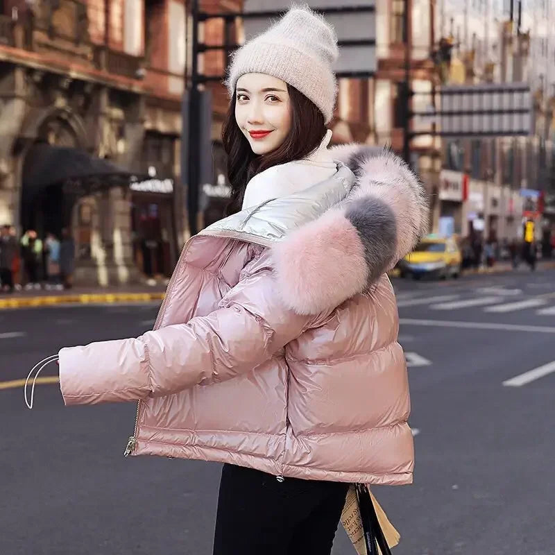 New Real Fur Parkas Natural Fox Fur Collar Jacket Winter Women Loose Short Down Coat White Duck Down Jacket Thick Warm Down Coat