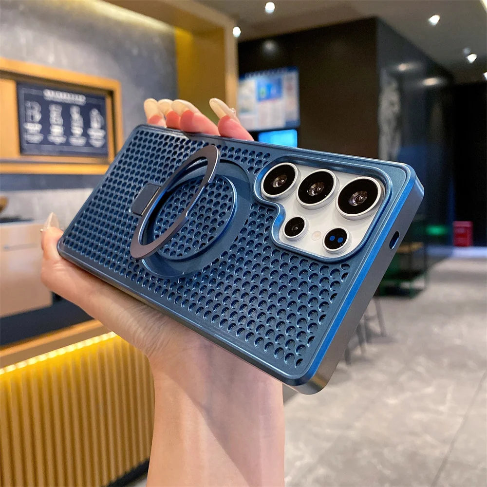 Magnetic Metal Fold Stand Heat Dissipation Phone Case for Samsung S25 S24 S23 Ultra FE S22 Plus 5G Luxury Protection Back Cover