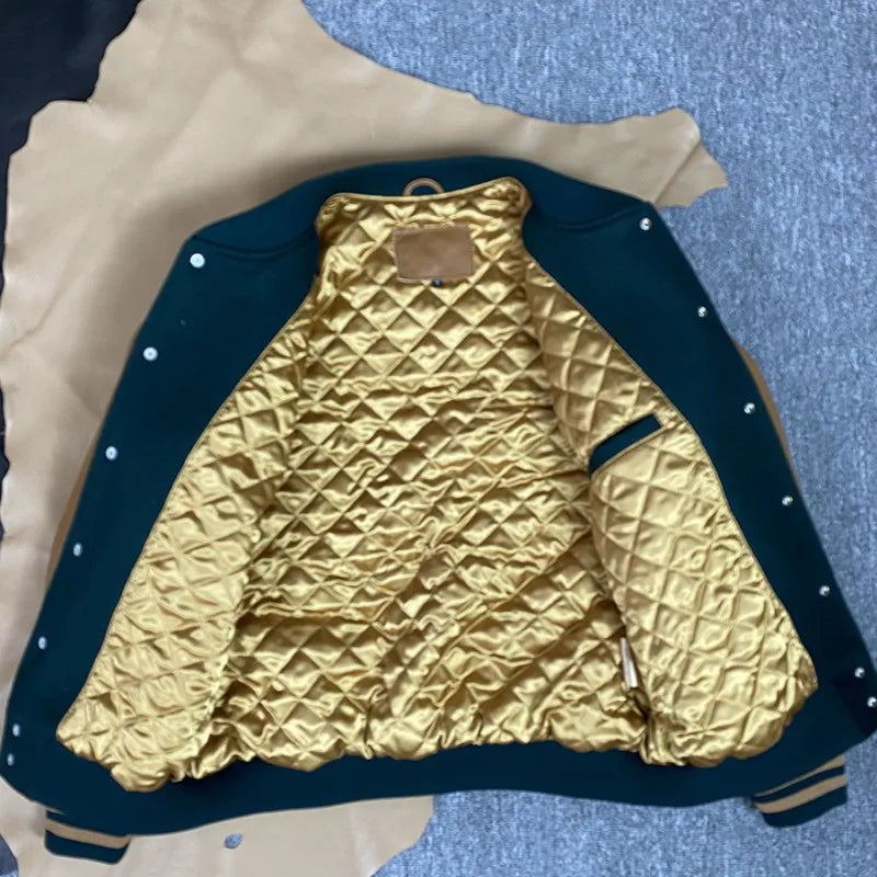 Mens Retro Autumn Winter Natural Sheepskin Patchwork Baseball Jacket Stand Collar Single Breasted Loose Fit Casual Outerwear