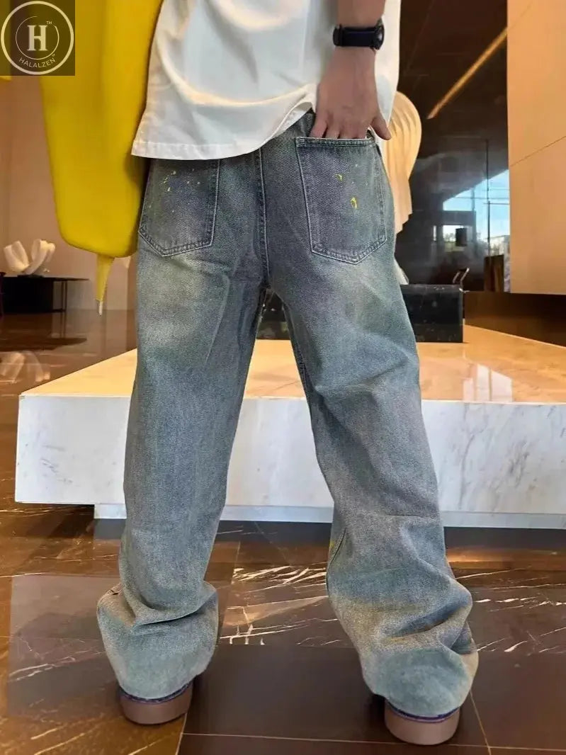 Light Blue Jacquard Streetwear Jeans for Men & Women - Straight Flared Pants with Elastic Waistband, Machine Washable, All-Seaso Halalzen UK