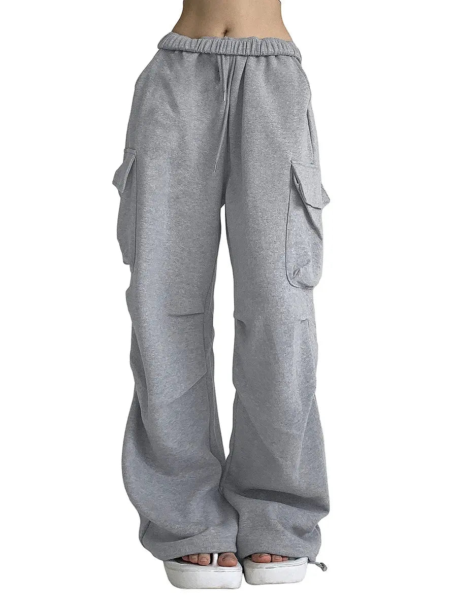 Women s Baggy Cargo Pants High Waist Solid Color Parachute Pants Ruched Sweatpants with Flap Pockets Halalzen UK