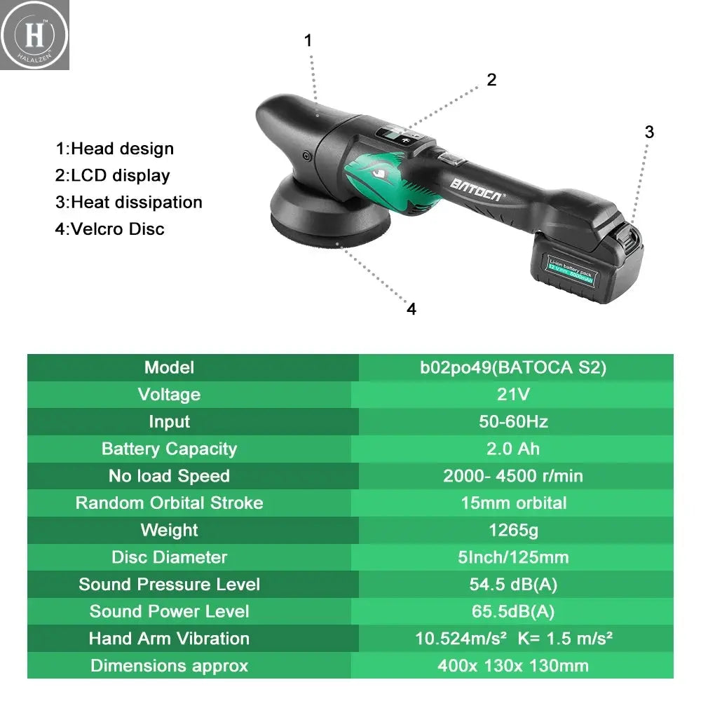 BATOCA S2 21V Cordless Car Polisher 5 Inch 8mm Dual Action Random Orbital Polishing Machine with Battery Kit HALALZEN