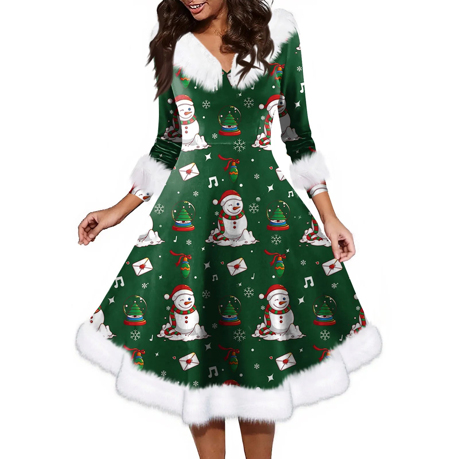 Women'S Fashion V-Neck Casual Fit Christmas Print Party Long Sleeve Dress Elegant Dresses