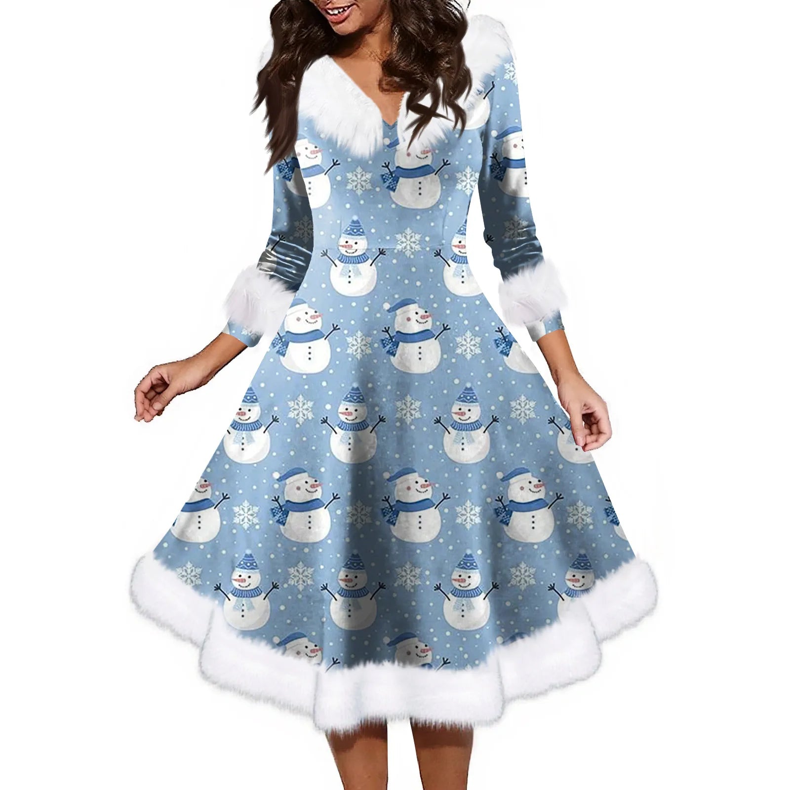 Women'S Fashion V-Neck Casual Fit Christmas Print Party Long Sleeve Dress Elegant Dresses