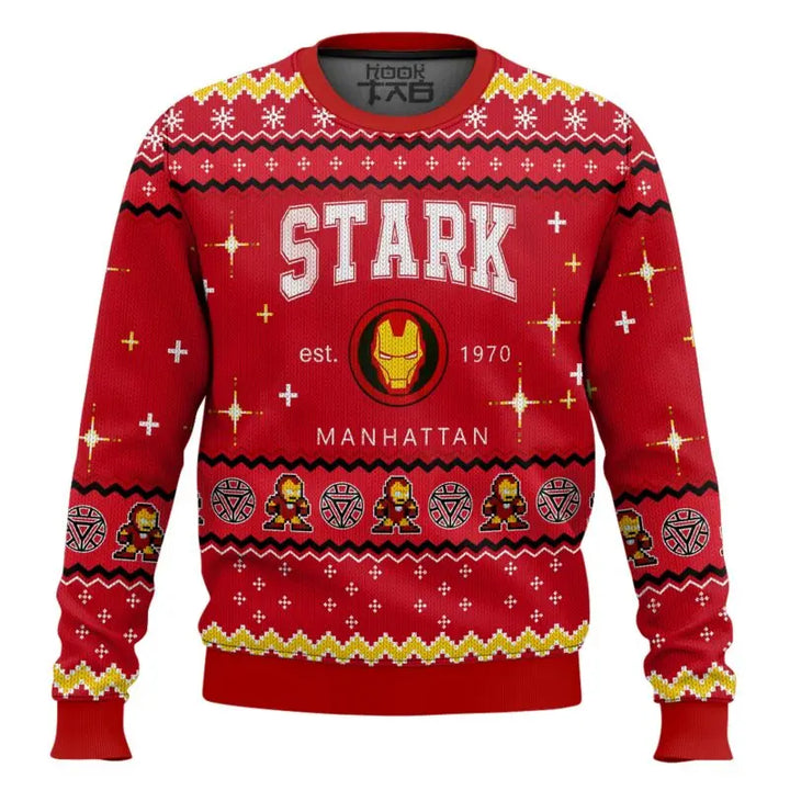 New Marvel superhero Iron Man Q-version image Christmas ugly sweater red snowflakes stars holiday atmosphere and hero sentiment