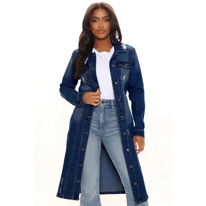 New Arrival Fashion Hole Cotton Autnmn Winter Long Denim Jacket 2023 Trench Coat Cardigan Jeans Cape Women Long Sleeve Jean Coat