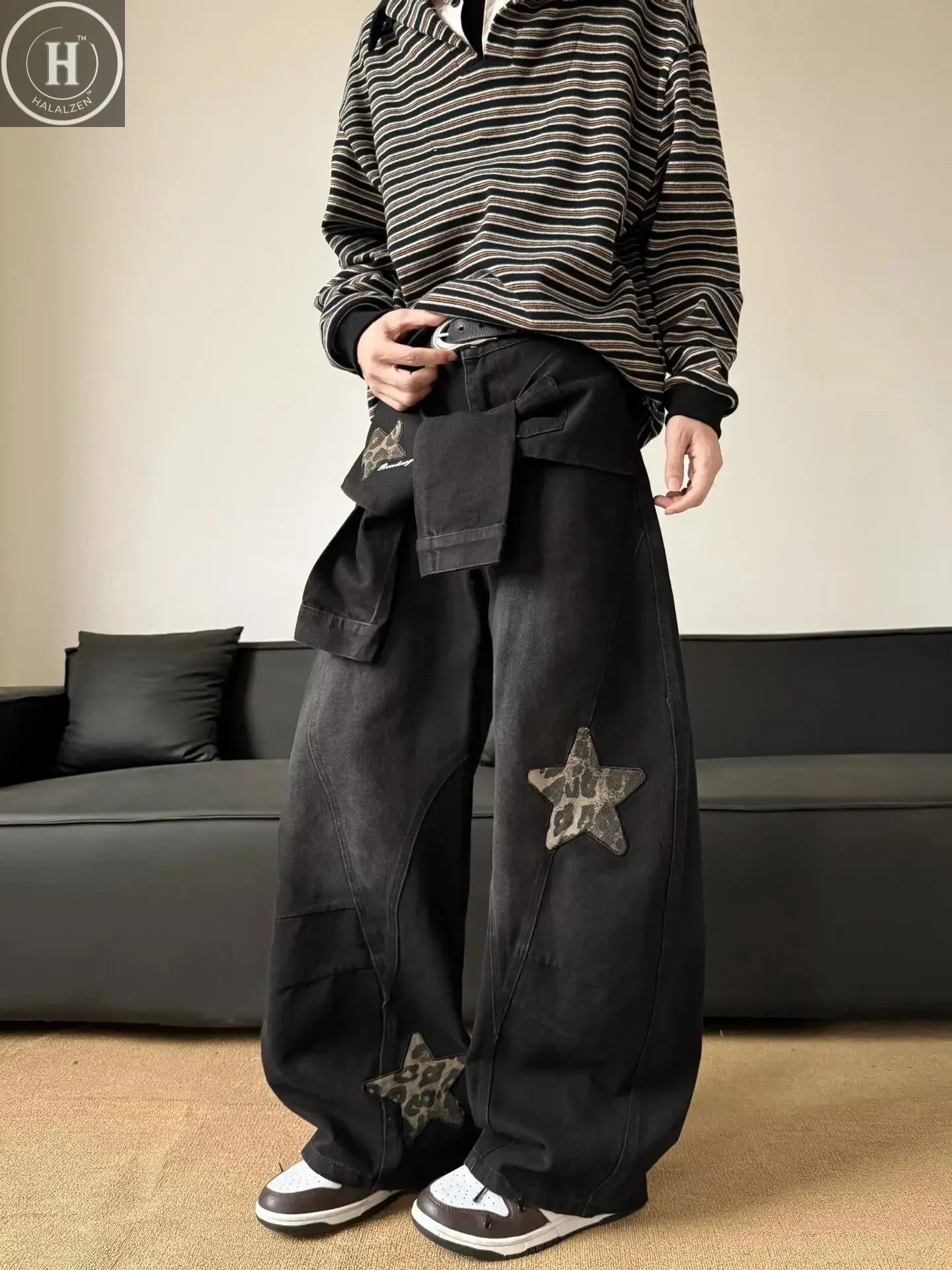 Men's Wide Leg Jeans with Patchwork Embroidery - Deconstructed Scimitar Straight Leg Pants, Button Closure Washed, Loose Fit Ame Halalzen UK