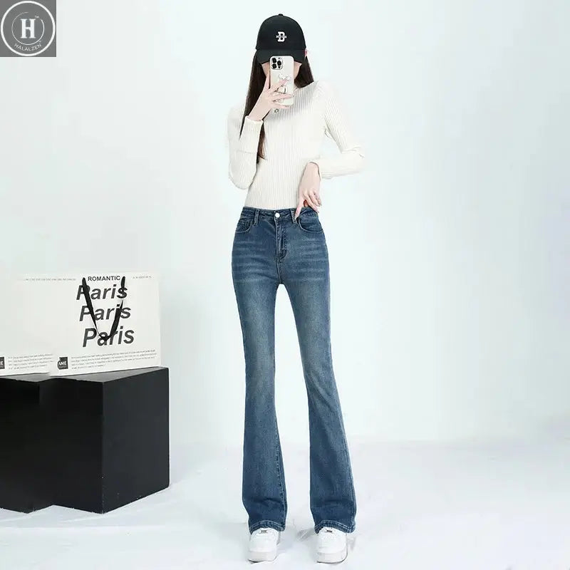 Winter Female Thin Snow Warm Plush Jeans Lady Chic Fleece Flared Pants Girls Korean High Waist Straight Leg Denim Trousers Halalzen UK