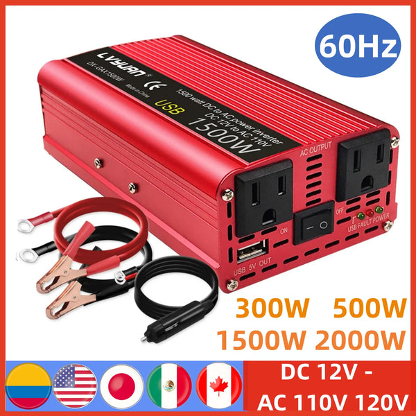 Inverter DC 12V to AC 110V 100V 120V 300W/500W/1500W/2000W Voltage Converter Transformer US Socket Car Cigarette Lighter Plug