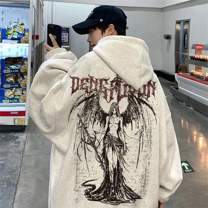 New Harajuku Angel Graphic Hoodies For Men High Street Gothic Punk Fashion Hoody Winter Fleece Y2K Vintage Oversized Sweatshirts