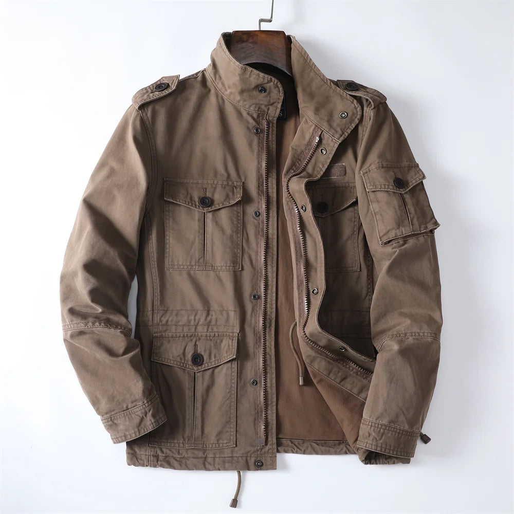 American Retro Style Men's Spring Casual Jackets Heavyweight Cotton Multi-Pockets Loose Cargo Jacket Fashion Outerwear