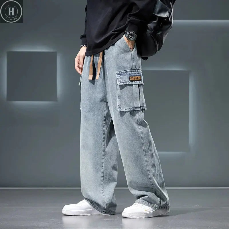 Autumn New Wide Leg Washing Jean Pants Men Trousers Neutral Solid Color Loose Casual Fashion Pocket Cargo Pants Big Size 8xl HALALZEN