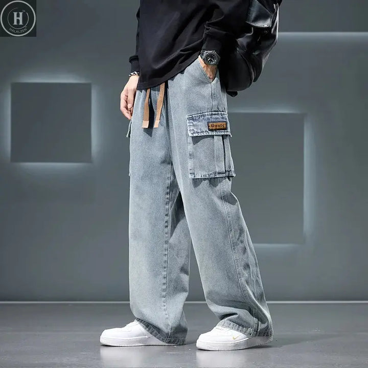 Autumn New Wide Leg Washing Jean Pants Men Trousers Neutral Solid Color Loose Casual Fashion Pocket Cargo Pants Big Size 8xl HALALZEN