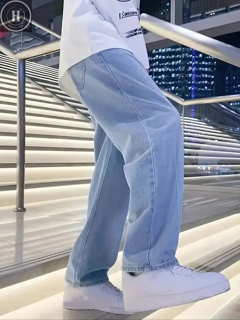 Men's Light Wash Baggy Wide Leg Jeans - Streetwear Loose Fit Denim Pants Halalzen UK