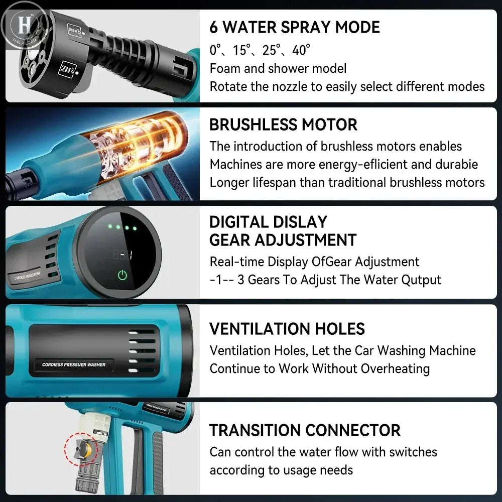 Brushless Electric High Pressure Washer 250Bar 6 IN1 Cordless 4 Gears Car Wash Water Gun Garden Spray Gun for Makita 18V Battery HALALZEN
