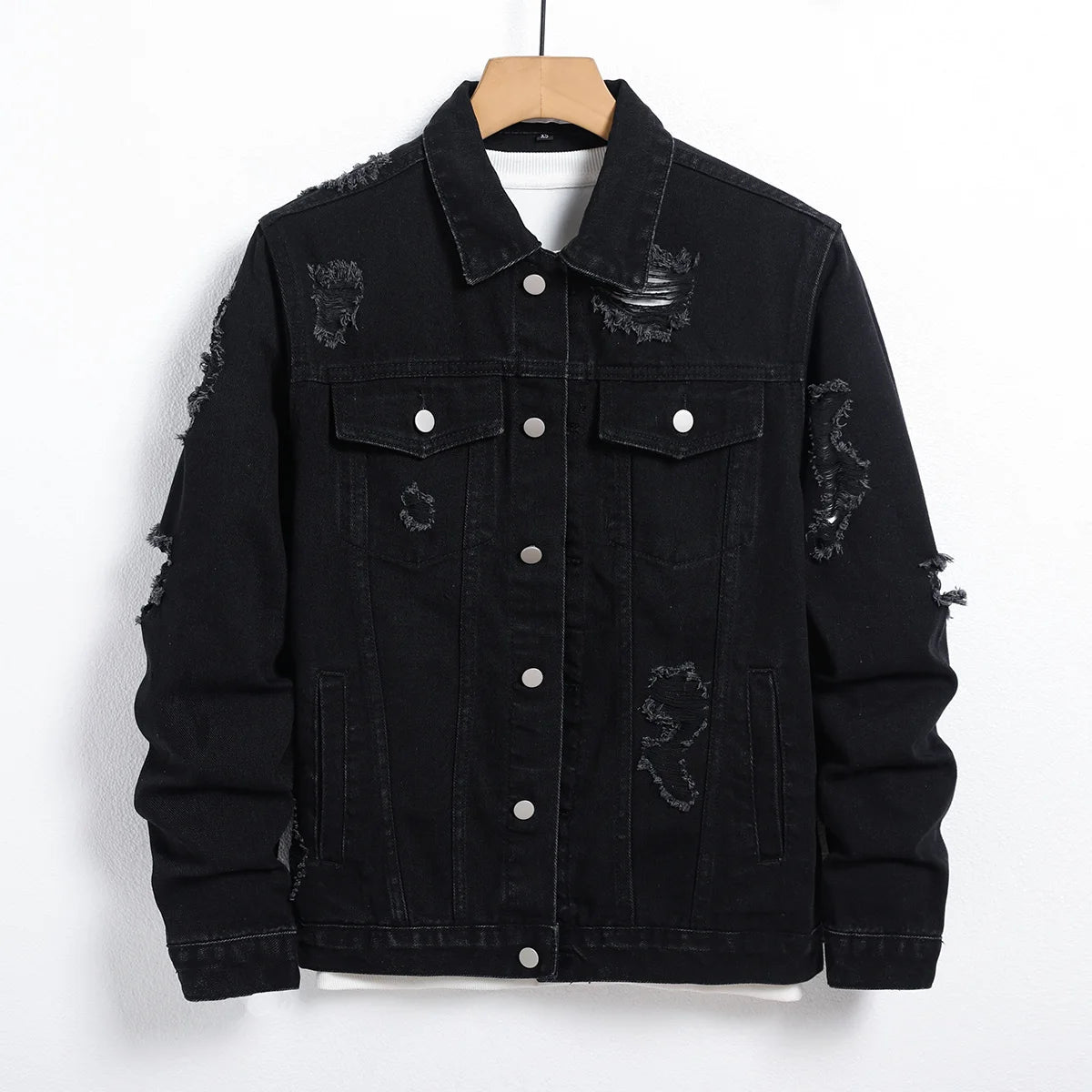Men's Denim Jacket - Black Regular Jacket, Street Fashion with Rips, Suitable for Daily Casual Outings