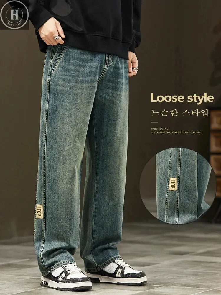 Korean Loose Wide Legs Jeans Men's Vintage Wash Denim Pants Fashion Streetwear Casual Baggy Straight Male Trousers HALALZEN