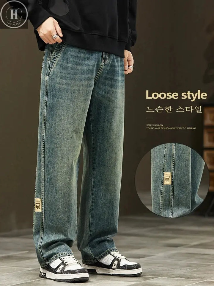 Korean Loose Wide Legs Jeans Men's Vintage Wash Denim Pants Fashion Streetwear Casual Baggy Straight Male Trousers HALALZEN