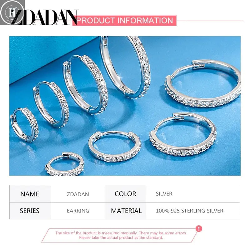 ZDADAN 925 Sterling Silver 8/12/16/20mm Zircon Hoop Earrings For Women Fashion Jewelry HALALZEN