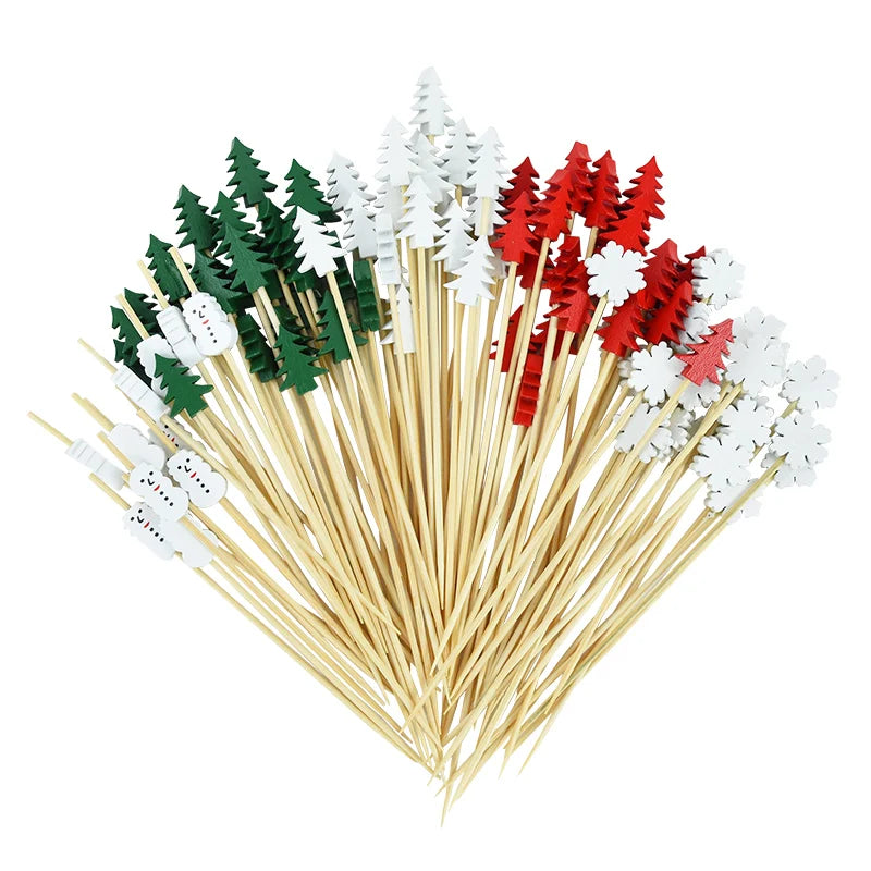 50Pcs Christmas Bamboo Food Picks Toothpicks Santa Dessert Buffet Fruit Salad Christmas Decoration New Year Xmas Party Supplies