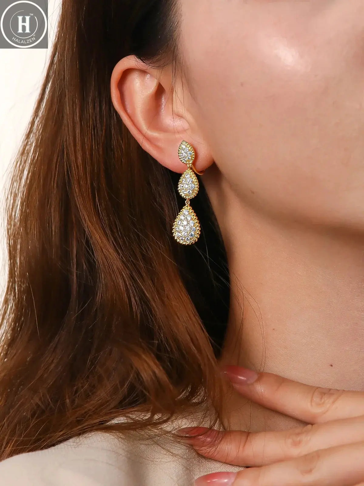 TYYL High Quality Classic 3 Water Drop Luxury Ear clip Drop Earrings Stud Party Wedding Long Earring Zircon Jewelry For Women HALALZEN