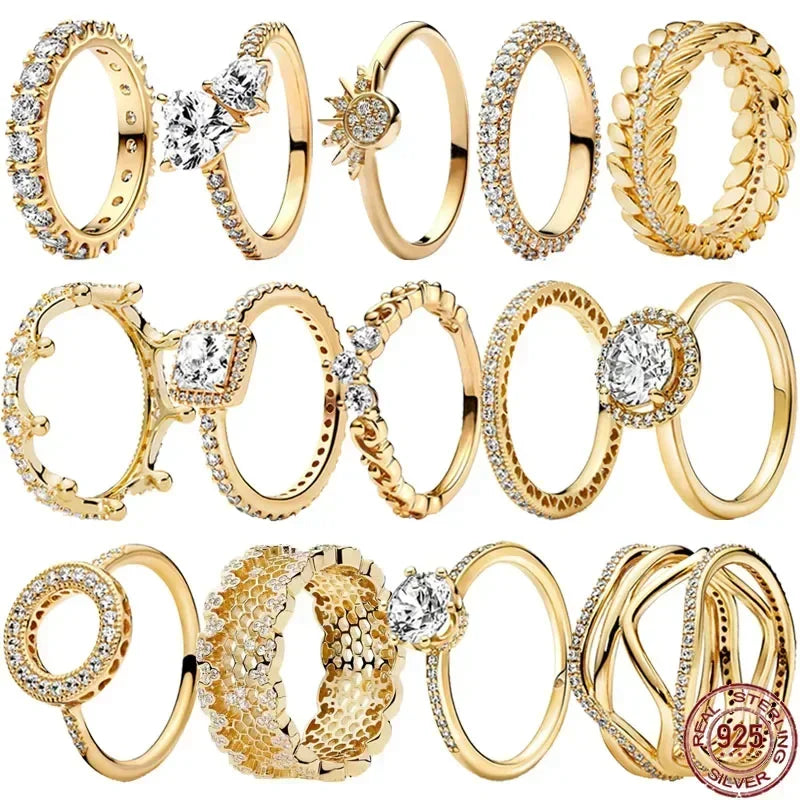 Exquisite Gold Color Series 925 Sterling Silver Classic Square Heart shaped Crown Ring Exquisite Charm Jewelry Birthday Gifts