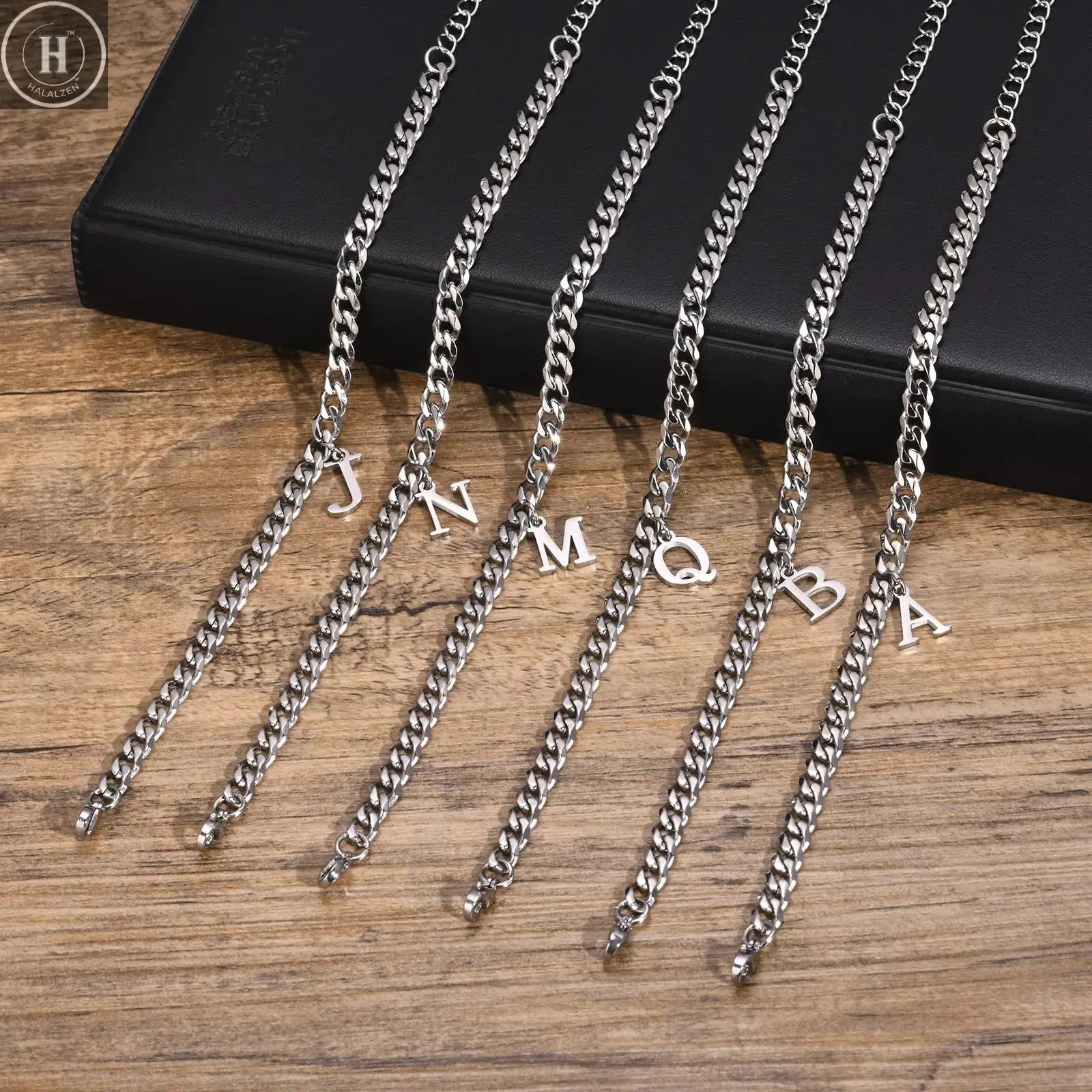 Mens Initials Cuban Links Bracelets,Stainless Steel A-Z 26 Letters Alphabet Charm Chain Wristband Adjustable,Casual Jewelry Gift HALALZEN