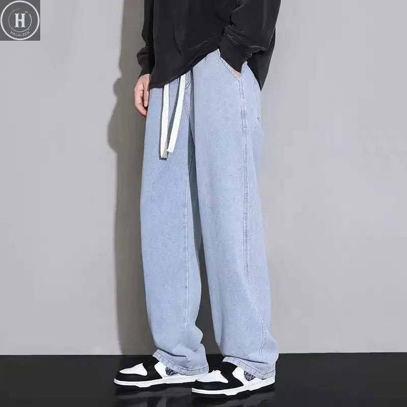 Korean Solid Colors Men's Casual Long Jeans Classic Man Four Seasons Straight Denim Wide-leg Pants Light Blue Grey Black 3XL Halalzen UK