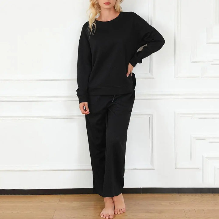 Wide-leg Trousers Set Casual Matching Suit Women's Solid Color Sport Sweatshirt Wide Leg Trousers Set with Drawstring for Fall