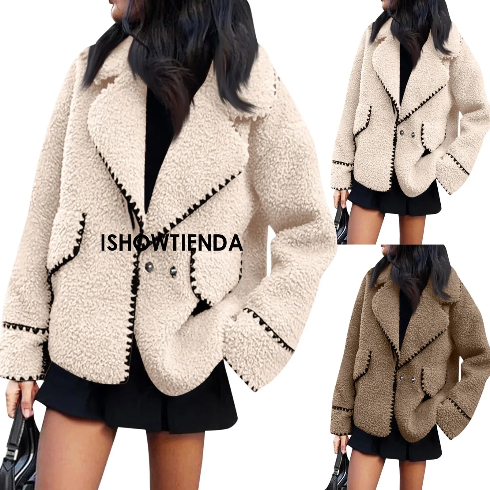 Autumn New Women's Coat Wear European And American Style Coat Casual Jackets One Piece Lamb Wool Contrast Color Plush Warm Jack