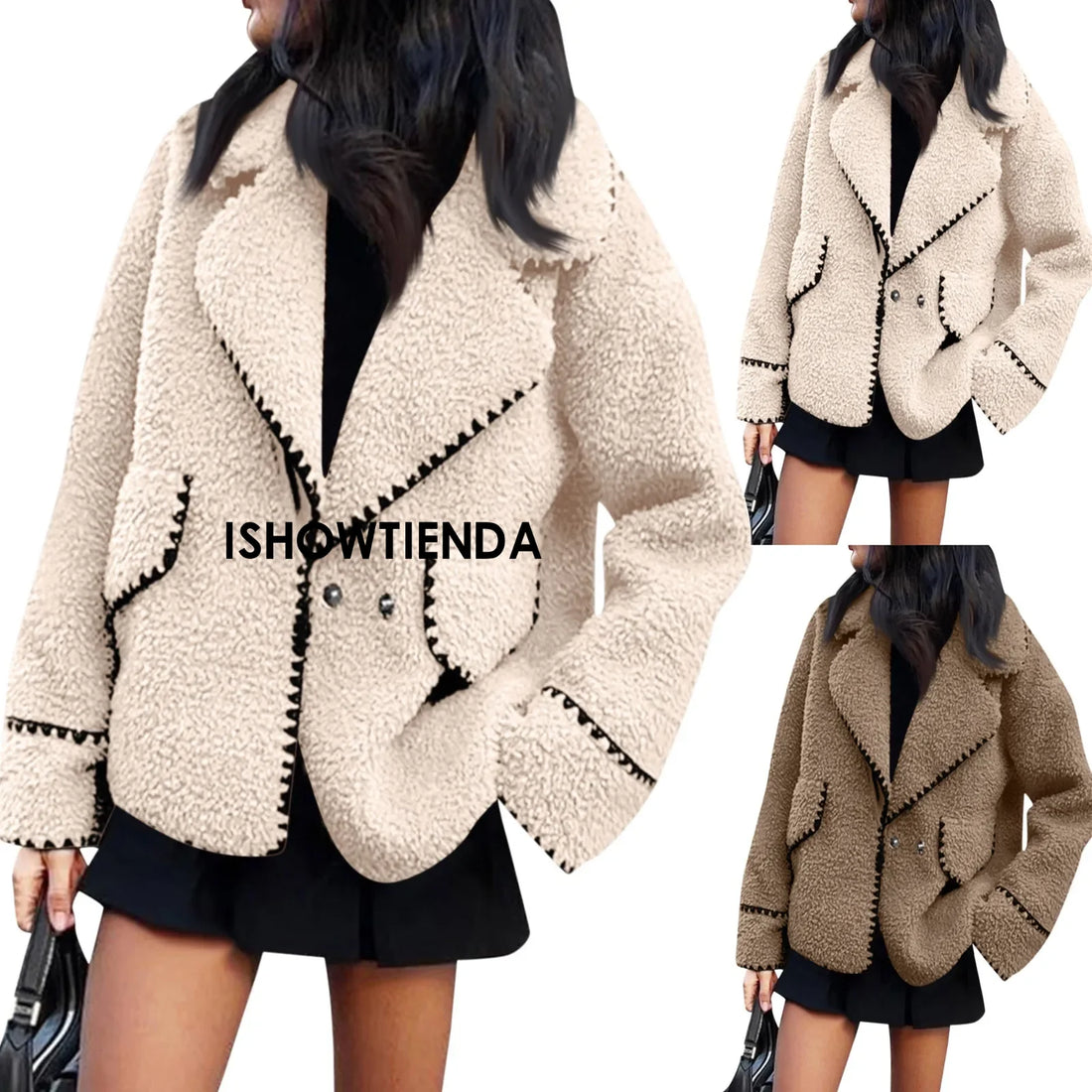 Autumn New Women's Coat Wear European And American Style Coat Casual Jackets One Piece Lamb Wool Contrast Color Plush Warm Jack