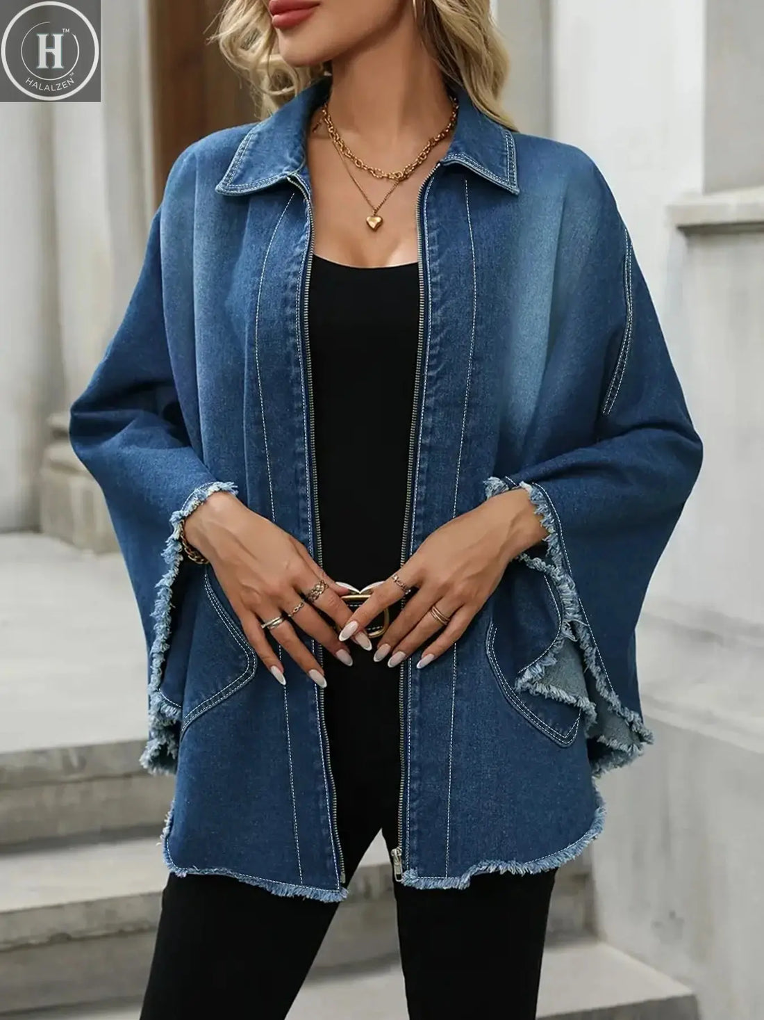Plus Size Women's Denim Jacket Loose Fit with Frayed Hem And Cloak Design Casual Comfortable plus Size Women's Jeans Jacket Halalzen UK
