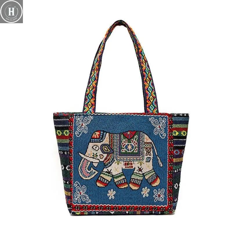 National Style Canvas Shopping Bags Thailand Bangkok Elephant Fashion Printing Tote Shoulder Bag Beautifully Sandy Handbags HALALZEN