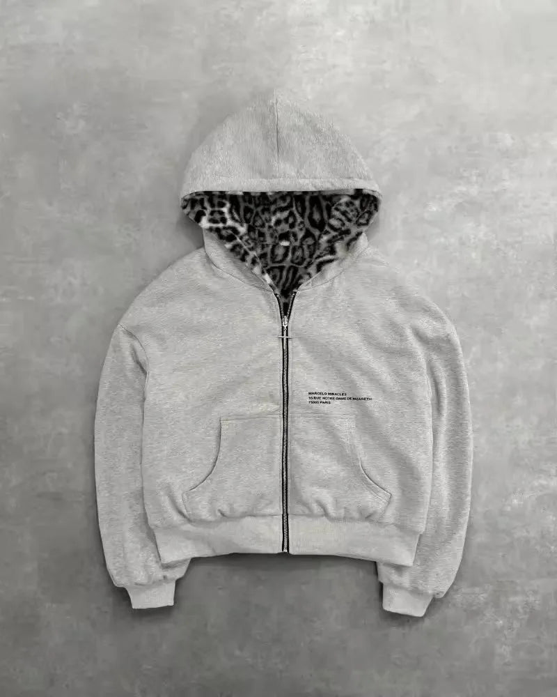 Y2k clothing Gothic leopard print double-sided oversized hoodie men's retro fashion loose zipper long sleeved sweatshirt