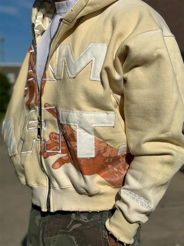 Trendy Baggy Hooded Cardigan Mens Y2K Pattern Print Loose Zip-up Hoodie Sweatshirt Men Spring Hip Hop Long Sleeve Hoodies Unisex