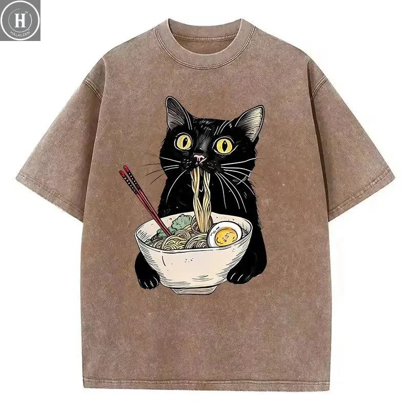 Unisex Hip Hop T Shirt Vintage Washed 100% Cotton T-Shirt Black Retro Cat Eating Ramen Graphic Tee Casual Streetwear HALALZEN