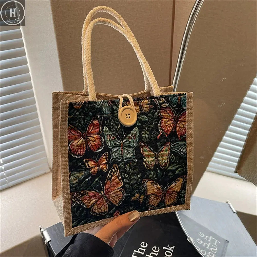 Fashion Linen Small Handbag Butterfly Printed Canvas Bag Party Gift Packing Bag Women Small Tote Bags Portable Shopping Bag HALALZEN