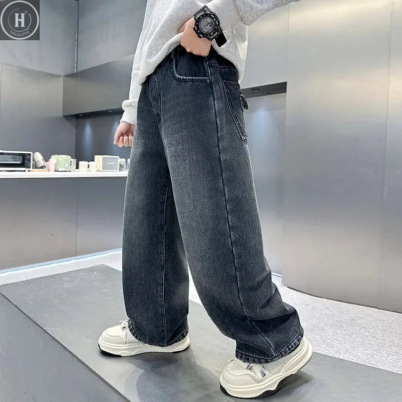 Kids Boys Winter Warm Streetwear Jeans With Letters Fashion Child Fleece Insulated Denim Pants For Teenagers 5 7 9 11 13 14 Year HALALZEN