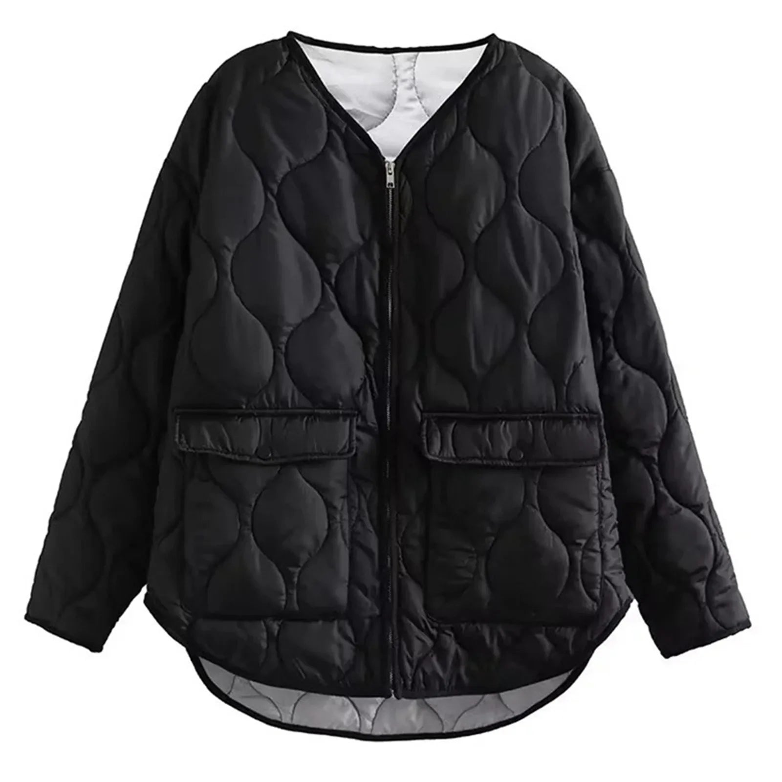 Women's Solid Winter Jacket V Neck Zipper Long Sleeve Cotton Down Coat For Women Versatile Wolfeel Quilted Jacket For Women
